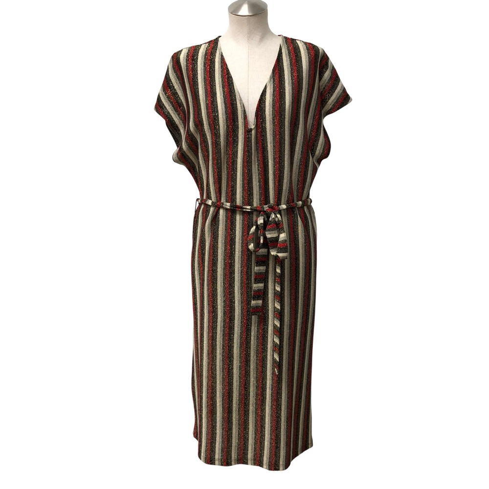 Zara Midi Dress Womens Large Multi Metallic Striped V-Neck Short Sleeve Glam